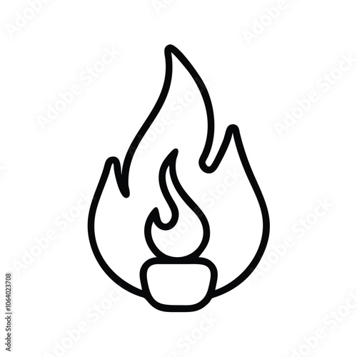 Simple matchstick with flame icon outline, Black outline icon of a burning matchstick with flame, symbolizing fire, ignition, and heat in a minimalistic design.
