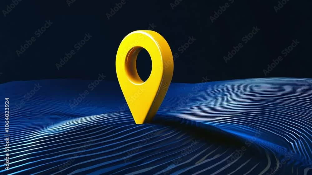The bright yellow location pin is centered on a dark blue textured surface, symbolizing digital navigation and mapping technologies