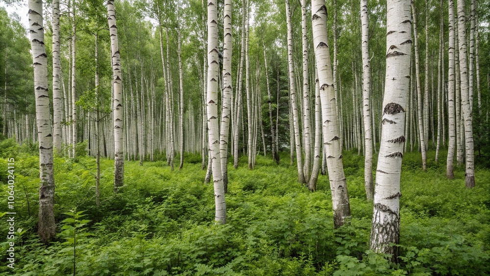Naklejka premium Many birches stand together in a cluster amidst the undergrowth of a dense forest floor, snow covered, nature, tall trees, serene environment