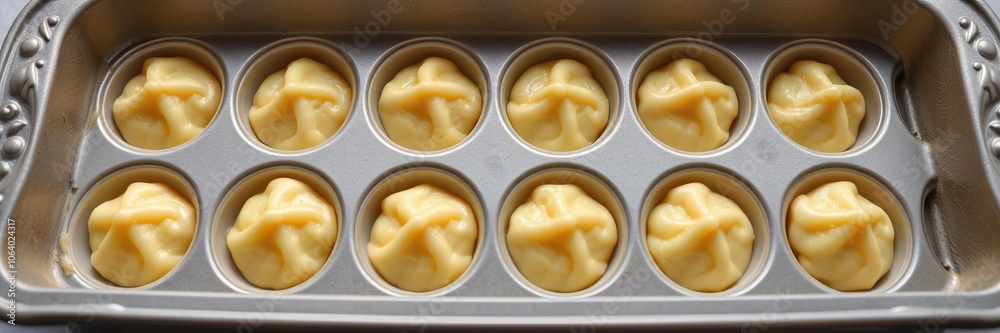 Moulded pastry mixture in a baking tray with intricate panellet shapes, baking utensils, baking tray, pastry Moulded pastry mixture in a baking tray with intricate panellet shapes, baking utensils, baking tray, pastry