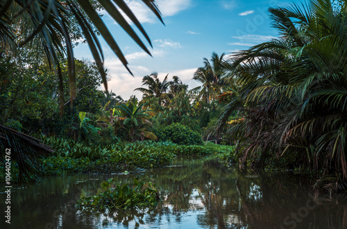 Palm trees, boats and buildings reflecting on the quiet waters of the canals in Can Tho in Vietnam