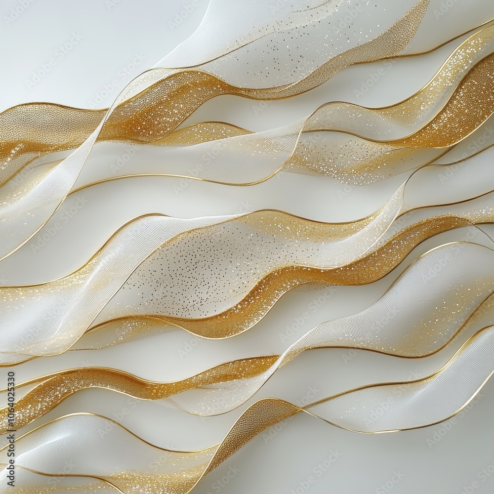 A dynamic gold wave pattern, flowing gracefully across a white canvas, adorned with subtle sparkles and light reflections A dynamic gold wave pattern, flowing gracefully across a white canvas, adorned with subtle sparkles and light reflections