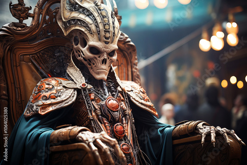 A dignified alien monarch, adorned with elaborate ceremonial attire and intricate jewelry, presides over a grand event in a richly decorated setting. photo