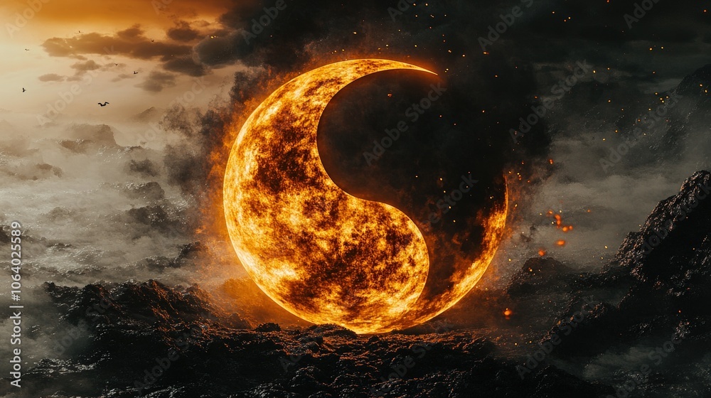 A fiery yin yang symbol burning in a dramatic landscape with a dark, ominous sky. A fiery yin yang symbol burning in a dramatic landscape with a dark, ominous sky.
