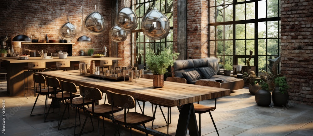 Naklejka premium A modern dining space with a wooden table, stylish chairs, and large windows for natural light.