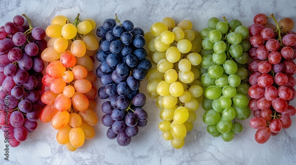 A rainbow of fresh grape varieties lined up on a marble surface. A rainbow of fresh grape varieties lined up on a marble surface.