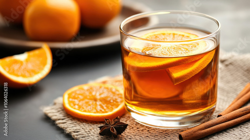 A warm, comforting glass of hot spiced rum cider, with orange slices floating in the drink photo