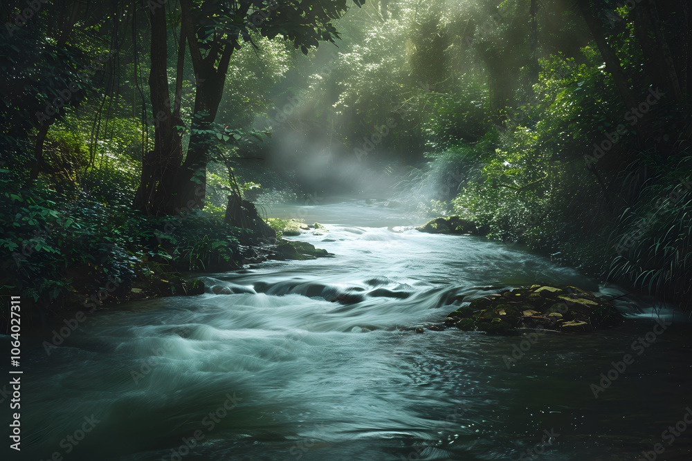 A peaceful river flows gently through a dense forest, with soft, ethereal mist rising from the water as sunlight filters through the canopy, creating a serene atmosphere. Generative AI A peaceful river flows gently through a dense forest, with soft, ethereal mist rising from the water as sunlight filters through the canopy, creating a serene atmosphere. Generative AI