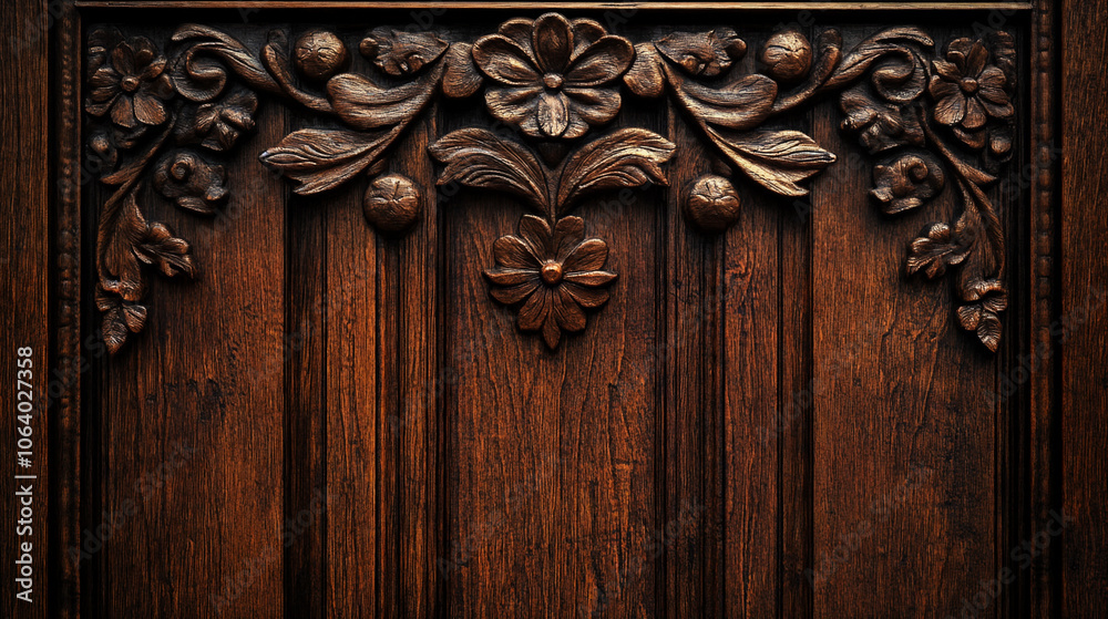 Antique wooden door with carved floral pattern Antique wooden door with carved floral pattern