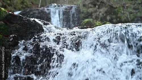 Closeup of a waterfall in an autum forest, water flowing over rocks, slow motion