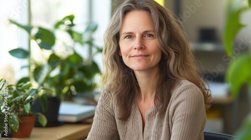 Mature Professional Woman in Office with Green Plants