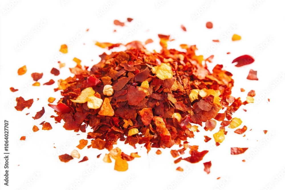 Close-up of red pepper flakes scattered on white background. Vibrant red flakes small, irregularly shaped. Slightly elevated angle gives depth, perspective. Randomly scattered flakes create chaotic Close-up of red pepper flakes scattered on white background. Vibrant red flakes small, irregularly shaped. Slightly elevated angle gives depth, perspective. Randomly scattered flakes create chaotic