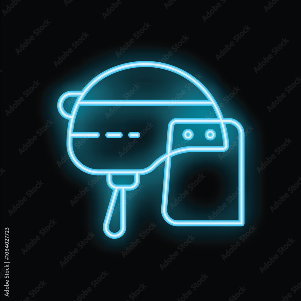 Bright blue neon icon showing a virtual reality gaming headset glowing on a dark background Bright blue neon icon showing a virtual reality gaming headset glowing on a dark background