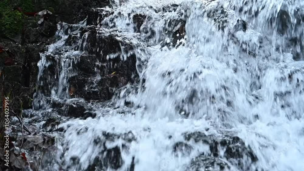 Closeup of a waterfall in an autum forest, water flowing over rocks, slow motion, camera movement Closeup of a waterfall in an autum forest, water flowing over rocks, slow motion, camera movement