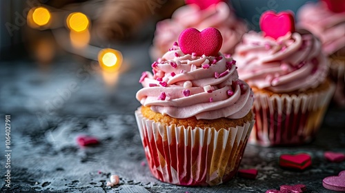 Valentine's day pink home made cupcakes wirh pink and magenta hearts decoration photo