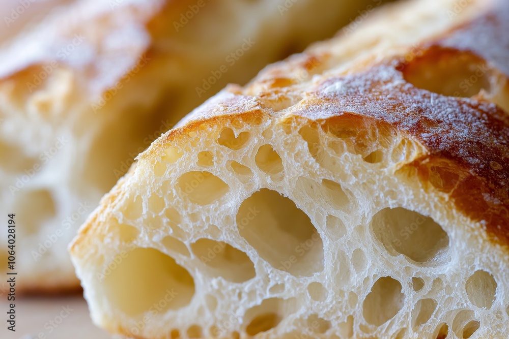 Close-up of a sliced baguette, revealing the soft airy texture inside and the crisp crust. Close-up of a sliced baguette, revealing the soft airy texture inside and the crisp crust.