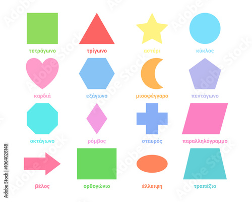 Set of basic geometric shapes in Greek language. Basic geometric shapes in different colors with names, for studying mathematics and shapes.