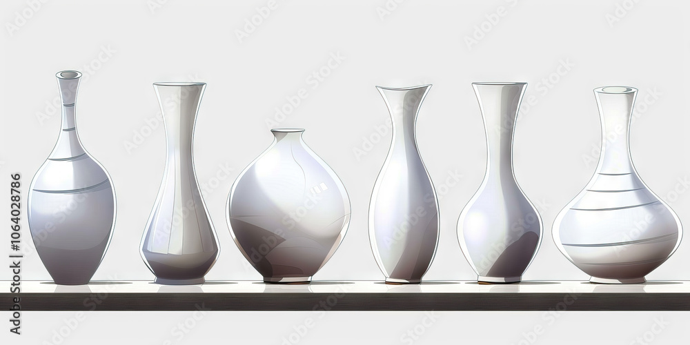 Minimalist Vase Shapes: A collection of five clean, white vases of varying shapes on a plain wooden surface. Minimalist Vase Shapes: A collection of five clean, white vases of varying shapes on a plain wooden surface.