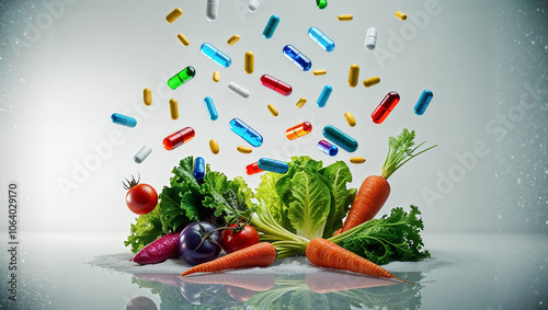 fresh various vegetables and pharmaceutical capsules photo