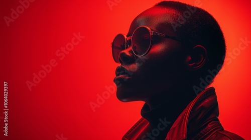 fashion and black man profile with music and online song streaming. Internet radio, web audio and African male model with red background in a studio with gen  and neon lighting