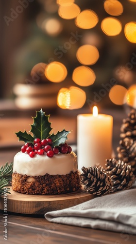 Festive holiday dessert with cream cheese frosting and holly decoration for traditional christmas celebration