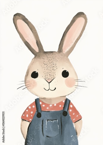 Cute Vintage Bunny Wearing Dungarees, Children's Book Illustration Generative AI photo