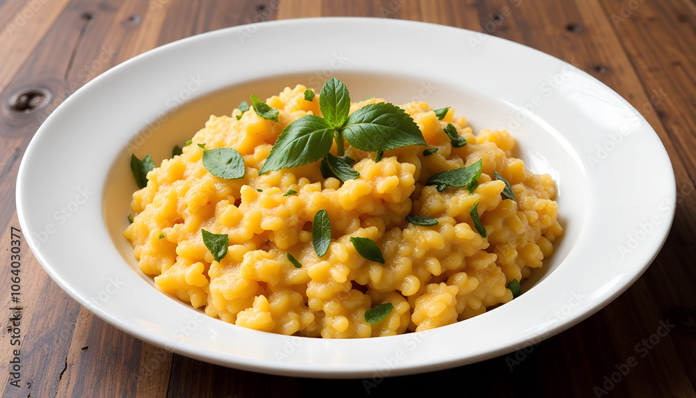 Creamy saffron risotto with herbs served in a white bowl on a wooden table. Generative AI Creamy saffron risotto with herbs served in a white bowl on a wooden table. Generative AI