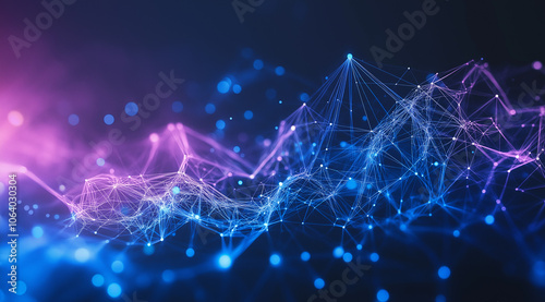 Abstract background with triangles and squares in blue, purple, and pink colors. Big data technology concept. Abstract futuristic vector illustration with lines, dots, and shapes on a dark background.