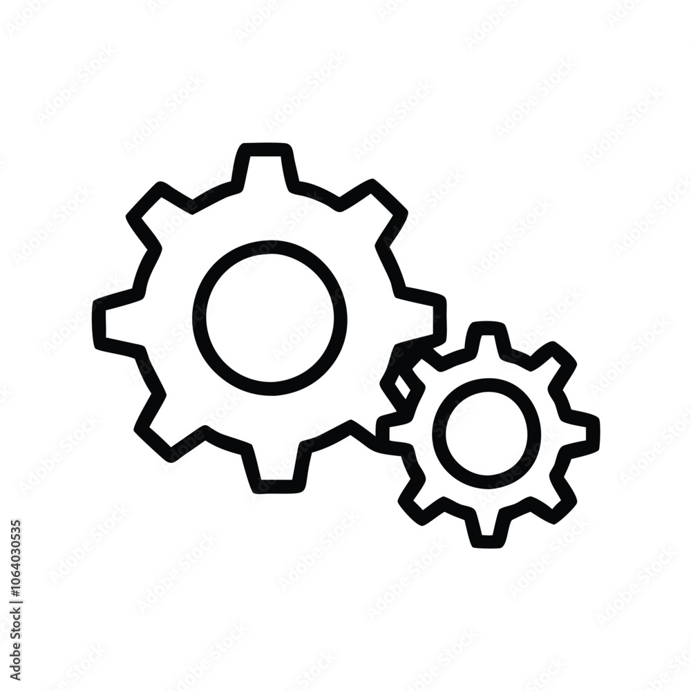 Simple black outline of two gears, Minimalistic black outline of two interlocking gears, representing mechanics, settings, configuration, and teamwork in a clean design. Simple black outline of two gears, Minimalistic black outline of two interlocking gears, representing mechanics, settings, configuration, and teamwork in a clean design.