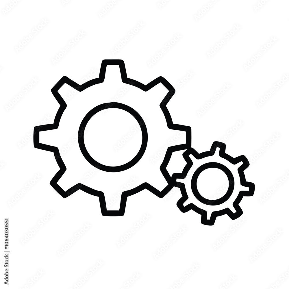 Simple black outline of two gears, Minimalistic black outline of two interlocking gears, representing mechanics, settings, configuration, and teamwork in a clean design. Simple black outline of two gears, Minimalistic black outline of two interlocking gears, representing mechanics, settings, configuration, and teamwork in a clean design.