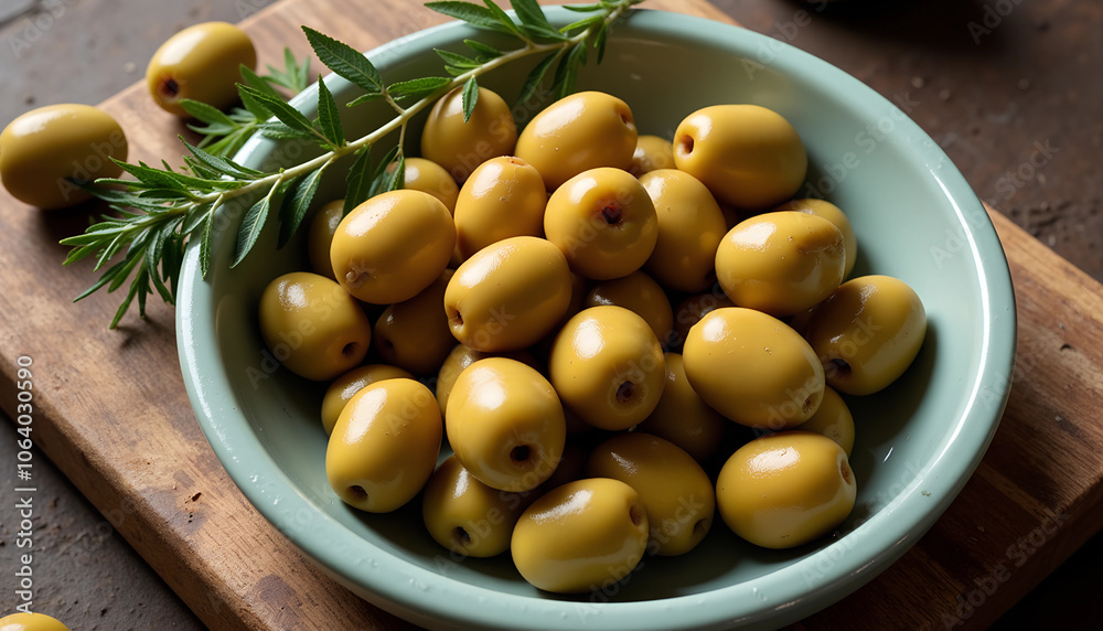 Freshly harvested green olives displayed in a rustic bowl on a wooden cutting board in a kitchen setting. Generative AI