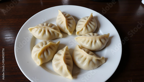 Traditional homemade dumplings arranged on a white plate, showcasing intricate folding techniques for a delicious meal. Generative AI