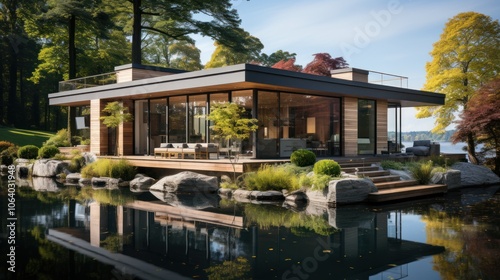 Modern glass house by a serene lake, surrounded by lush greenery and tranquil landscaping.