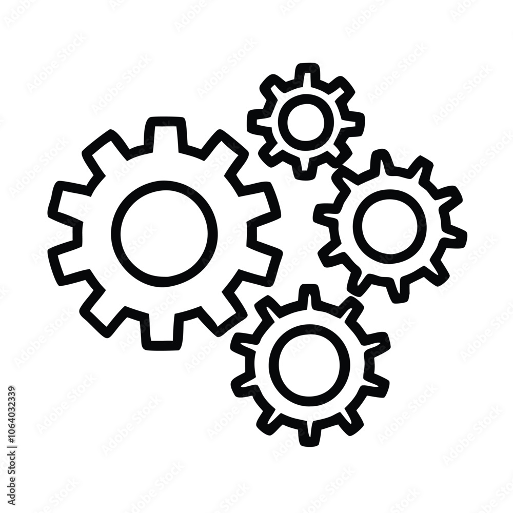 Outline icon of four interlocking gears, Black and white outline of four interlocking gears, representing teamwork, settings, mechanics, and industrial processes in a minimalistic design.
Outline icon of four interlocking gears, Black and white outline of four interlocking gears, representing teamwork, settings, mechanics, and industrial processes in a minimalistic design.