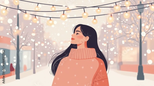 flat illustration of woman wearing sweater on street, background of christmas sparkling string lights, light pastel colors