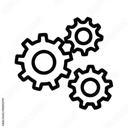 Three black gears icon symbolizing mechanics, Solid black icon of three interlocking gears, representing mechanics, settings, teamwork, and industrial processes in a bold design.