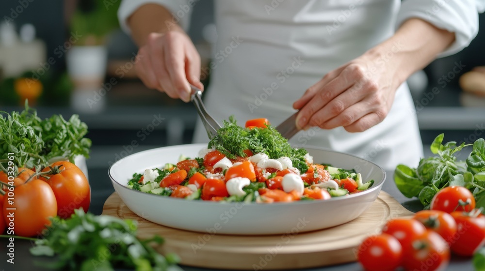 Chef preparing a fresh salad with tomatoes, mozzarella, and herbs in a modern kitchen, AI Chef preparing a fresh salad with tomatoes, mozzarella, and herbs in a modern kitchen, AI