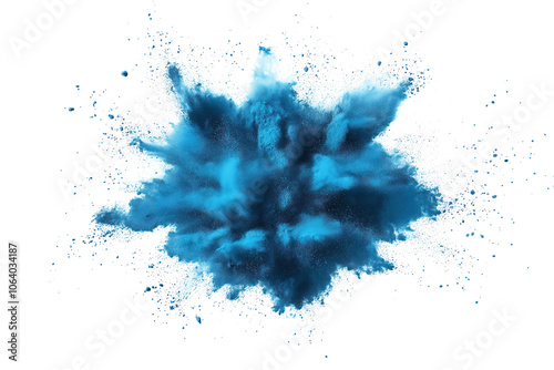 Vibrant cyan explosion against alpha background. Blue particles scattered in various directions. Energy, motion, intensity. Central explosion draws attention. Contrast between particles, background. photo