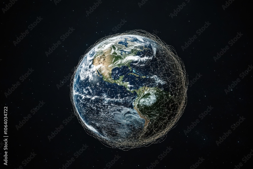 Fototapeta premium Colorful global network of communication lines on digital planet