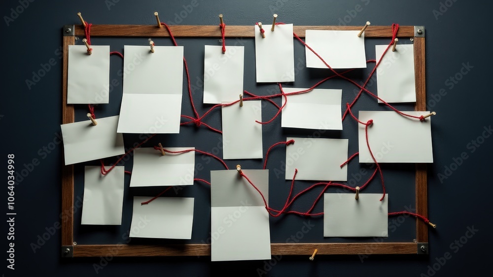 Classic crime scene photos on a board, connected by red string and notes, representing an ongoing investigation