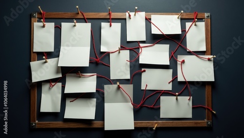 Obraz na płótnie Classic crime scene photos on a board, connected by red string and notes, representing an ongoing investigation w salonie