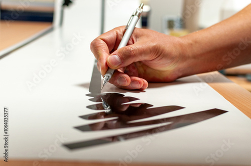 A man's hand at work, holding a needle and making advertising stickers in cut foil.