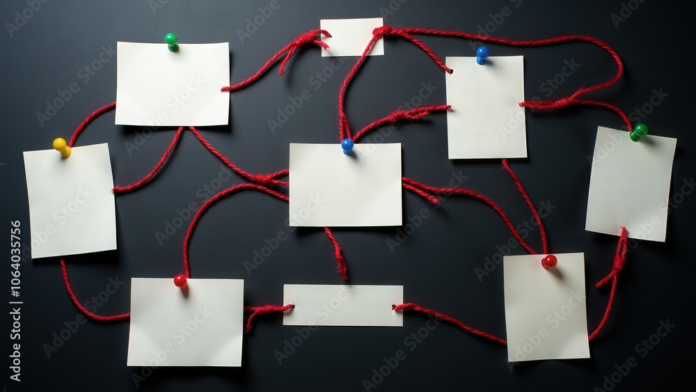 Crime scene photos on an investigation board, with red string and white notes, showcasing a classic detective setup