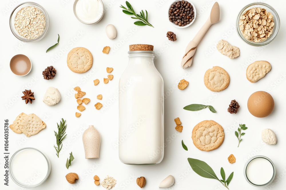 A bottle of milk surrounded by various cookies and snacks on a white background, representing indulgence and treats A bottle of milk surrounded by various cookies and snacks on a white background, representing indulgence and treats