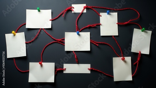 Obraz na płótnie Crime scene photos on an investigation board, with red string and white notes, showcasing a classic detective setup w salonie