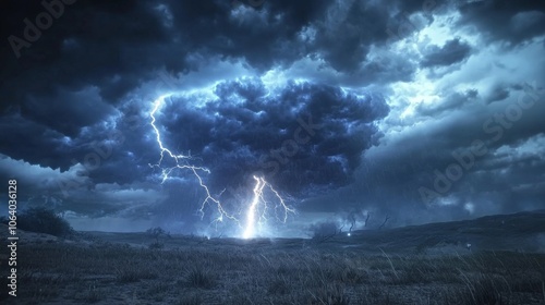 A thunderstorm over the plains, with lightning striking and creating large tornadoes .