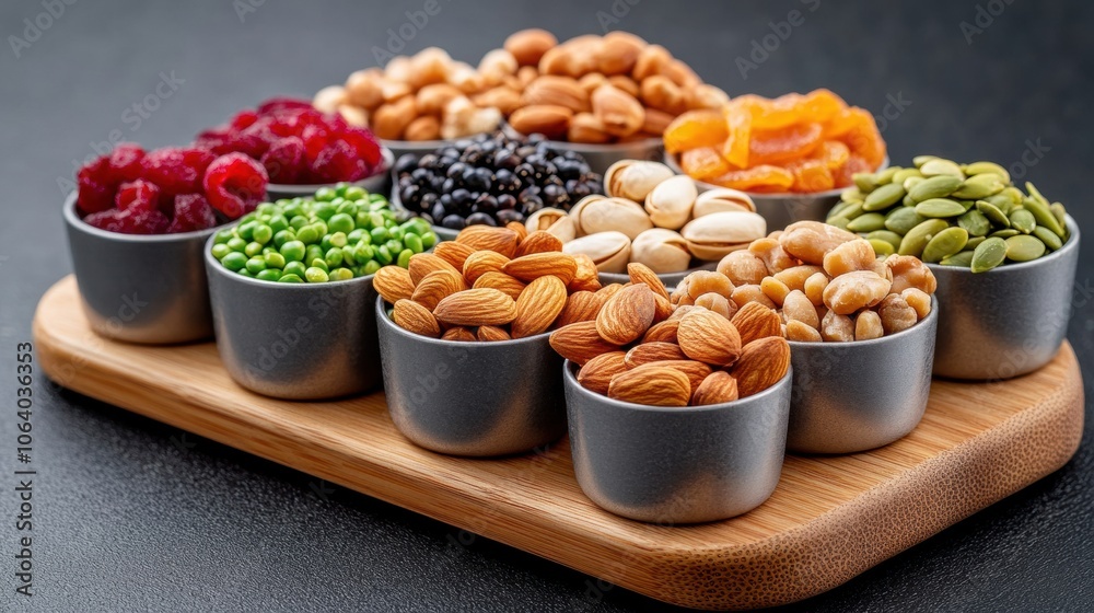 A variety of nuts, seeds, and dried fruits in metal cups on a wooden tray, AI A variety of nuts, seeds, and dried fruits in metal cups on a wooden tray, AI