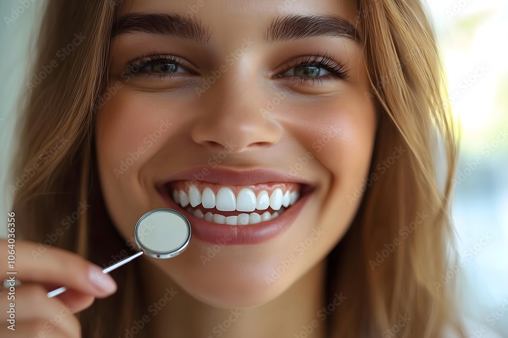 A smiling young woman holds a dental mirror while showcasing her perfect smile in a clinic A smiling young woman holds a dental mirror while showcasing her perfect smile in a clinic