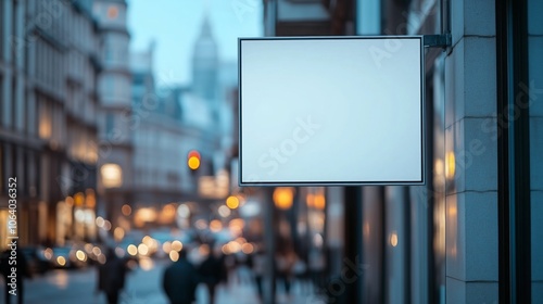 A blank store sign mockup hanging from the side of a building, with a minimalist design and a busy urban street in the background, perfect for adding logos or text