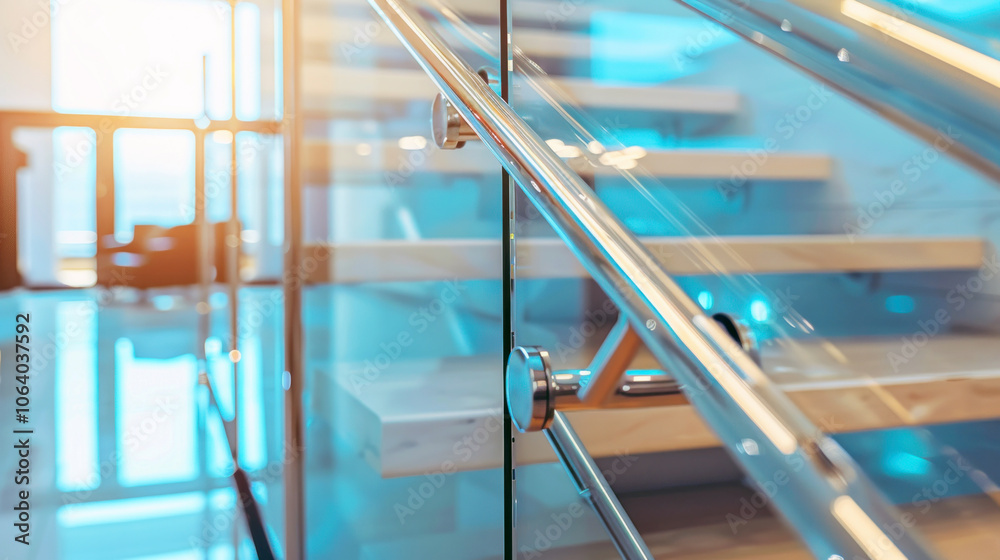 Contemporary glass railings on a staircase in an office building, highlighting the spatial feeling and purity of design. Contemporary glass railings on a staircase in an office building, highlighting the spatial feeling and purity of design.